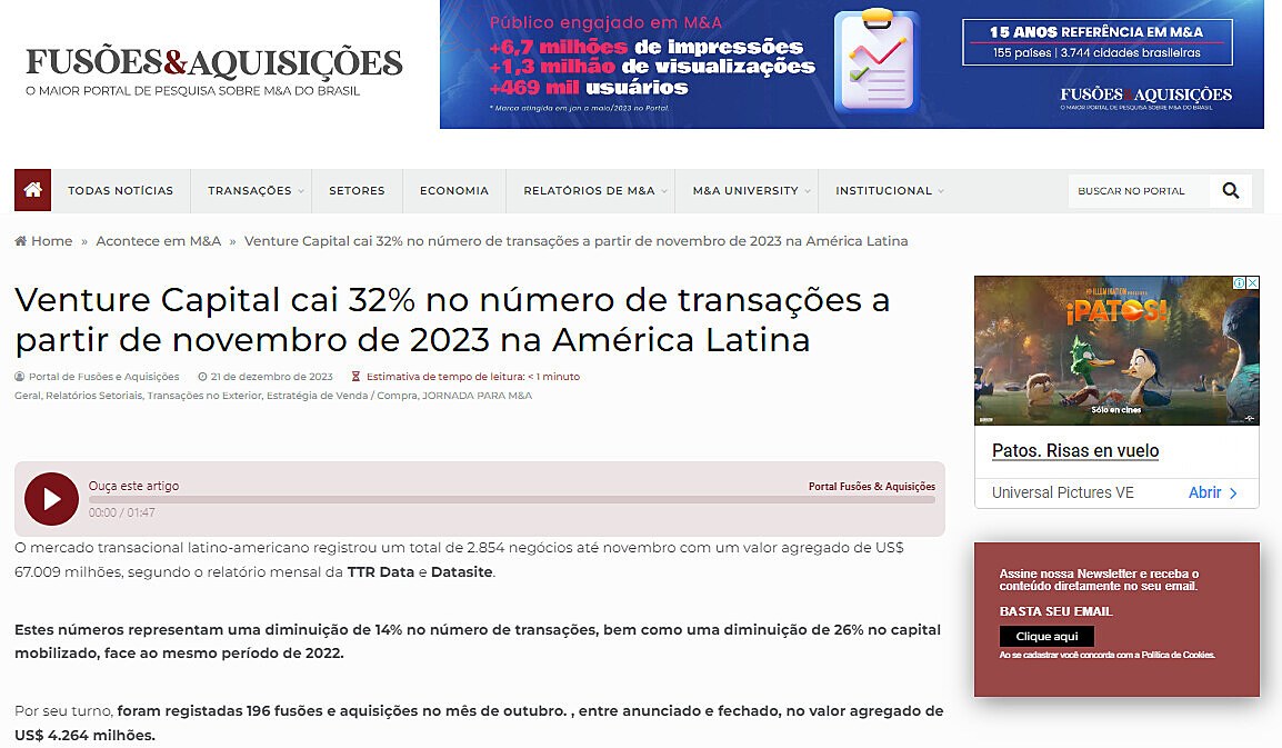 Venture Capital cai 32% no nmero de transaes a partir de novembro de 2023 na Amrica Latina